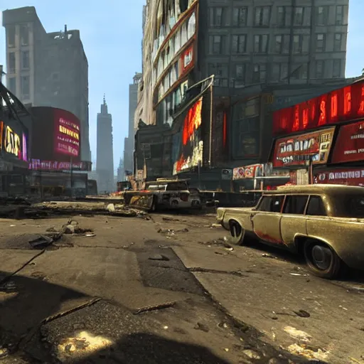 Image similar to Times Square in ruins post-nuclear war in Fallout 4, in game screenshot