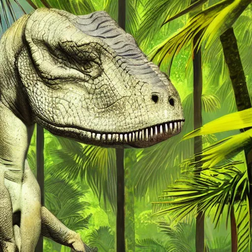 Prompt: sad realistic dinosaur in the jungle, frown, high detail