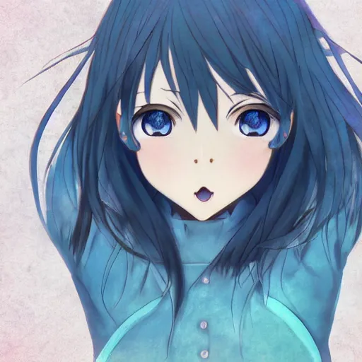 Image similar to (anime girl), blue symmetric eyes 24yo, studio, soft artistic filter, annie leibowit