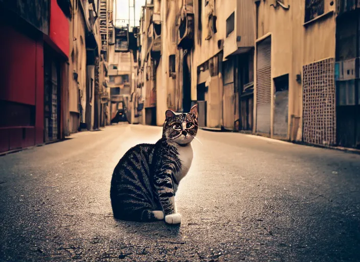 Image similar to photography of a Cat sitting on a box. in a cyberpunk street, award winning photo, colors, 100mm, sharp, high res