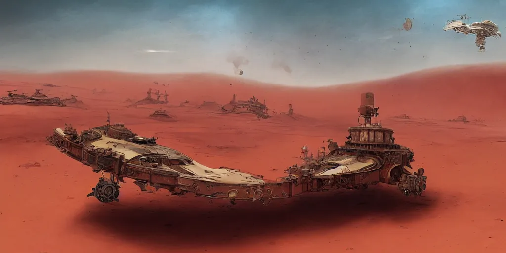 Prompt: steampunk hovercraft going at high speed across a red desert, trailing red sand, greg rutkowski, 8 k, shallow depth of field, intricate detail, concept art,