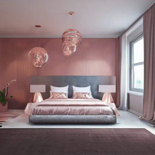 Prompt: 3 d render of modern bedroom in rose gold accents