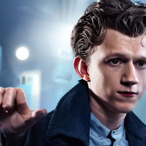 Image similar to tom holland as a rough dirty old man with a scruffy beard in a dark blue trenchcoat as the new doctor who, cinematic, volumetric lighting, f 8 aperture, cinematic eastman 5 3 8 4 film, photorealistic