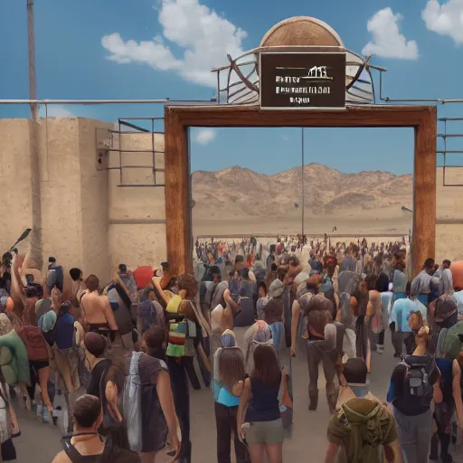 Image similar to large millennial crowd in front of a | modern! prison! locked down government security military gate | in the hot desert trending on artstation digital paint 4 k render