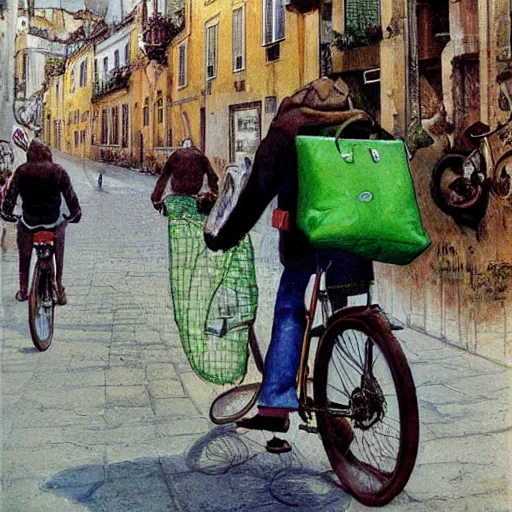 Image similar to a food delivery guy on his bicycle wearing a big green bag at the streets of Lisbon, art by Stephen Hickman