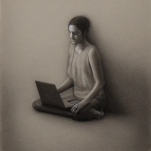 Image similar to highly detailed charcoal drawing of woman sitting on the carpeted floor beside a bed, working on her laptop by aron wiesenfeld