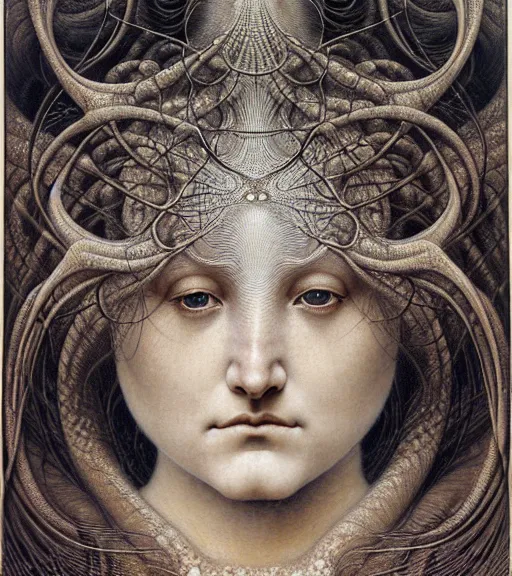 Image similar to detailed realistic beautiful shell goddess face portrait by jean delville, gustave dore, iris van herpen and marco mazzoni, art forms of nature by ernst haeckel, art nouveau, symbolist, visionary, gothic, neo - gothic, pre - raphaelite, fractal lace, intricate alien botanicals, ai biodiversity, surreality, hyperdetailed ultrasharp octane render