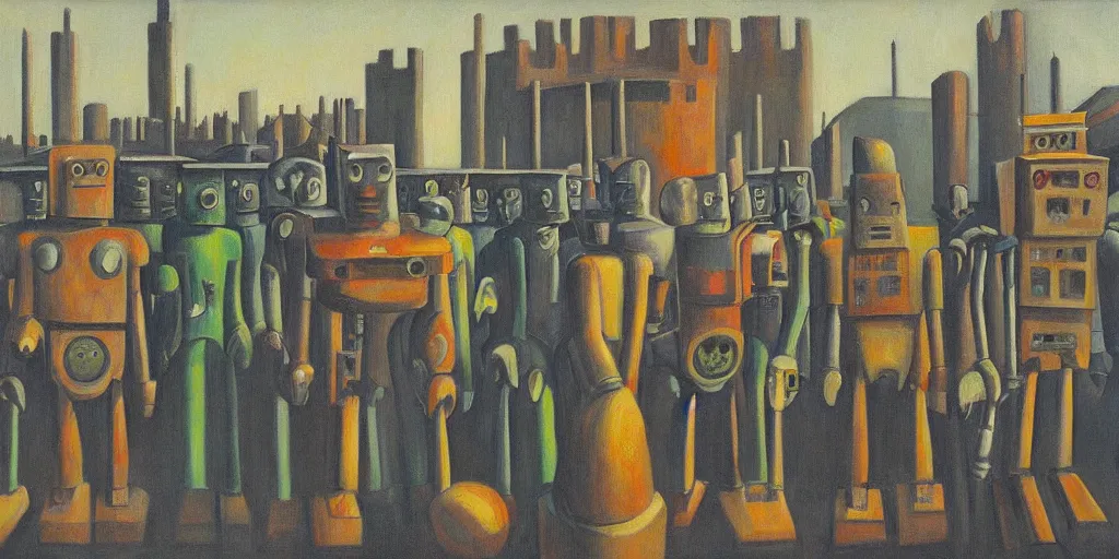 Prompt: row of robots guarding a brutalist castle, evil visages, dystopian, pj crook, edward hopper, oil on canvas