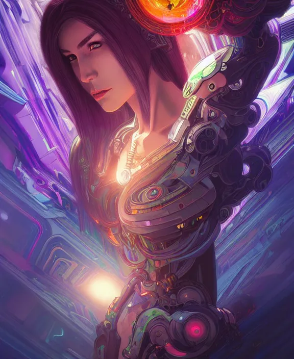 Image similar to a whirlwind of souls rushing inside the metaverse, half body, glowin eyes, tiara, pharaoh, android, cyborg, cyberpunk face, by loish, d & d, fantasy, intricate, elegant, highly detailed, colorful, vivid color, digital painting, artstation, concept art, art by artgerm and greg rutkowski and alphonse mucha