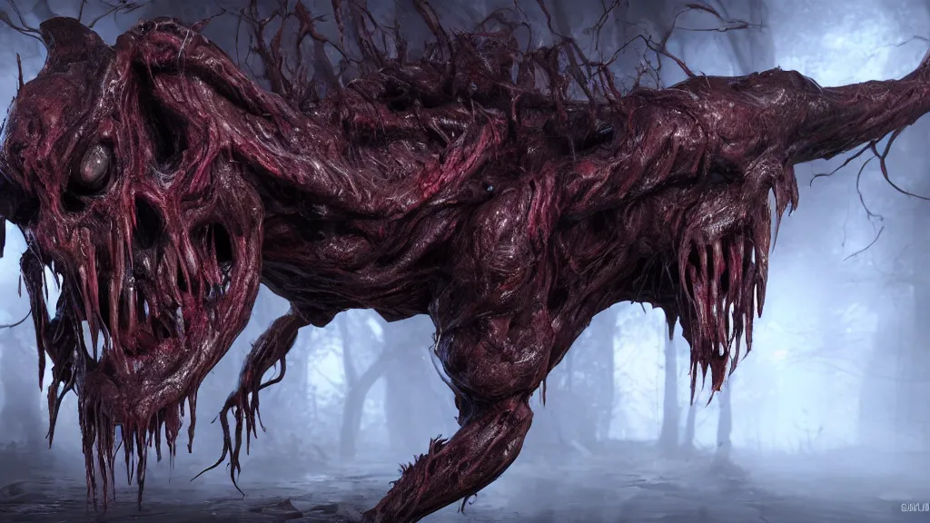 Image similar to eldritch 4D monster, full of veins and eyes, Hyper realistic, photorealistic, concept art, horror, eldritch, 8K, concept art, DSLR, filmic, HDR, hyperrealism, Unreal Engine, volumetric lighting, Darkart