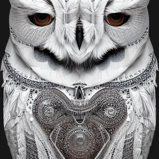 Image similar to detailed portrait of a ethereal bohemian white owl, halfway through, hyper - detailed, stylistic, symmetrical, 3 d render, 8 k, octane render