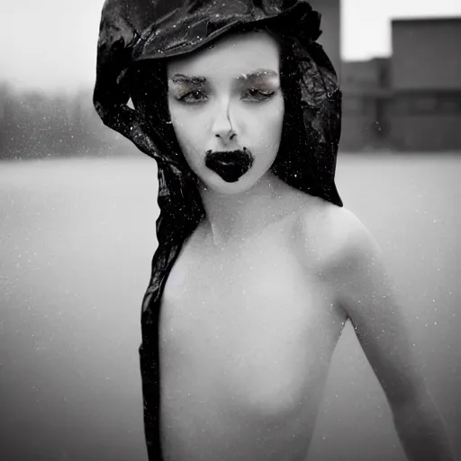 Image similar to beautiful female body silhouette, beautiful portrait, photography by amy leibowitz and filip fedorov, black blanket in wind, black latex, urban city photography, close up portrait, cinematic still, film still, magic hour, dark mood, fashion portrait, cold colors, sony, kodak, long exposure, art noveau painting, liquid marble fluid painting