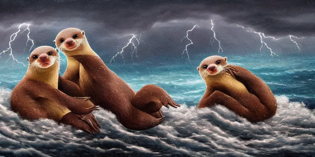 Prompt: A pair of adorable otters falling in love holding hands in a huge storm at sea, fantasy illustration, cinematic, dreamlike, Award winning, romance, detailed trending on art station masterpiece