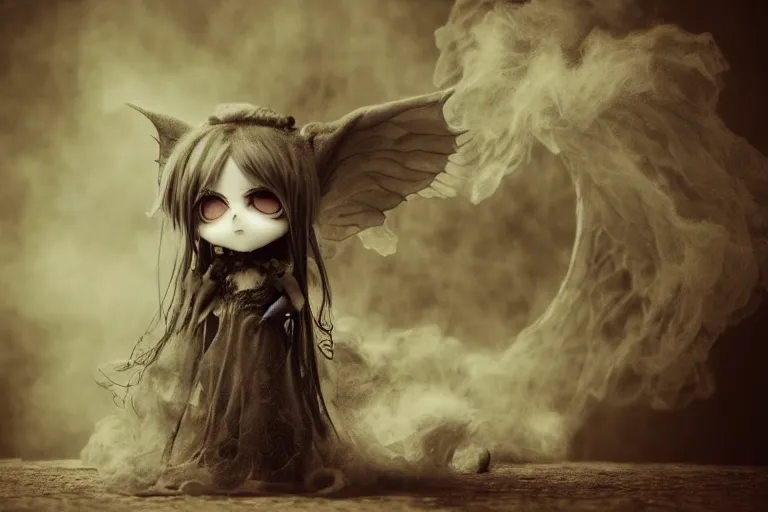 Prompt: cute chibi fumo plush gargoyle girl, ethereal gothic maiden in tattered dark dress, wispy tendrils of volumetric smoke, sepia, bokeh deep focal depth, vray