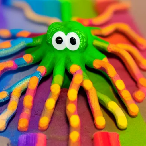 Image similar to octopus made of crayons, 8 k macro photo with dark lighting