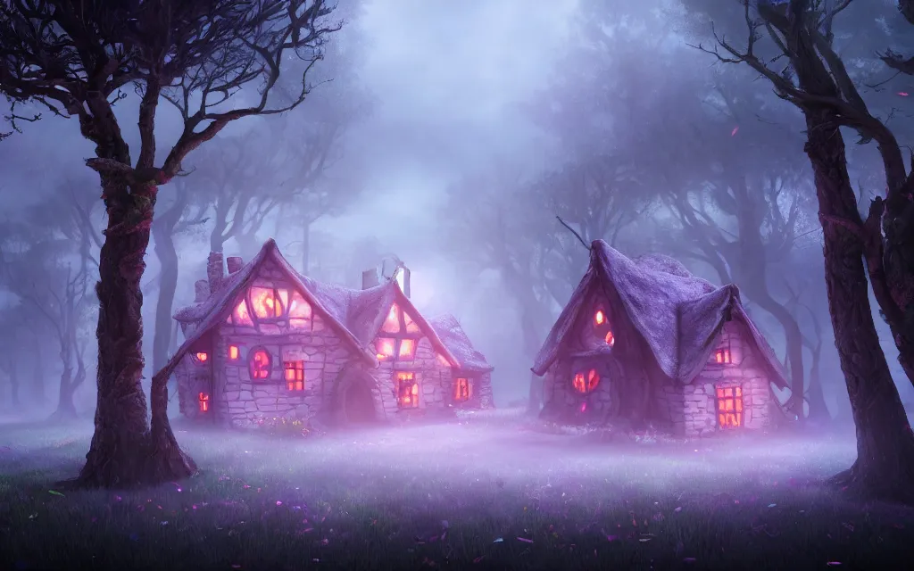 Image similar to gloomy sparse fairytale forest with witches cottage made of candy in the distance, visual novel key visual, award - winning digital art on pixiv, trending on artstation - cinematic lighting, dramatic lighting, stunning and beautiful scenery - highly detailed, hyperrealistic, unreal engine 5, in the style of kingdom hearts