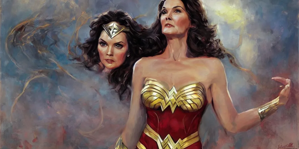 Image similar to portrait of Lynda Carter as Wonder Woman in the morning sun, Danile Gerhartz, oil painting