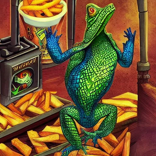Image similar to “a lizard Mage Priest goes to the supermarket but they are out of French Fries, Slaan, Warhammer Fantasy, trending on ArtStstion”