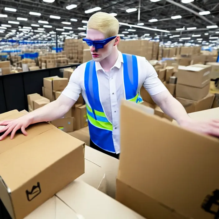 Prompt: hyperrealistic photo of a pale white amazon male employee sorting packages, wearing a vest, wearing creepy glasses, soft facial features, slightly chubby