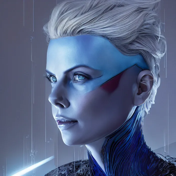 Image similar to charlize theron as mystique. x - men. intricate abstract. intricate artwork. by tooth wu, wlop, beeple, dan mumford. octane render, trending on artstation, greg rutkowski very coherent symmetrical artwork. cinematic, hyper realism, high detail, octane render, 8 k, iridescent accents