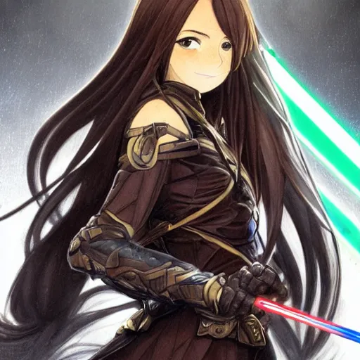Image similar to Masterpiece head and shoulders portrait of a female Kazuto Kirigaya Kirito from SAO a young woman with brown long hair and bangs and wearing a long black coat breast-armor showing through, with light-saber, face, fantasy, intricate, elegant, highly detailed drawn by Donato Giancola and Fernanda Suarez and Artem Demura, face by Artgerm and Edmund Leighton, Alphonse Mucha, background by James Jean and Gustav Klimt, 4k, porcelain skin, komorebi, french nouveau, trending on pixiv, octane render, hyperrealistic