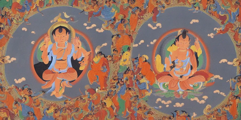 Prompt: The devil runs a group of people's lives in a big circle, Thangka painting style.