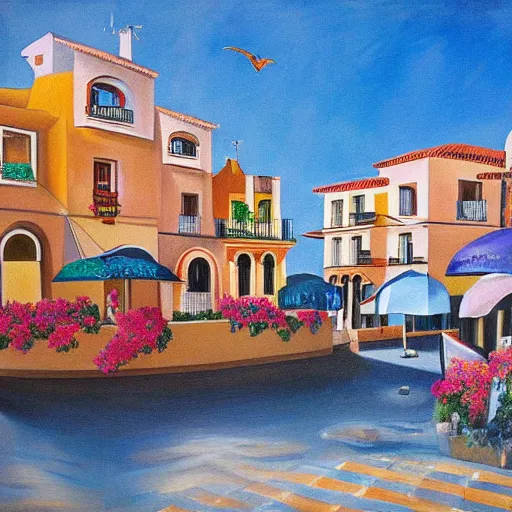 Image similar to surrealism painting of marbella old town