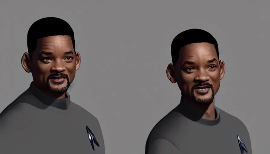 Image similar to will smith in star trek, grey background, hyperdetailed, artstation, cgsociety, 8 k