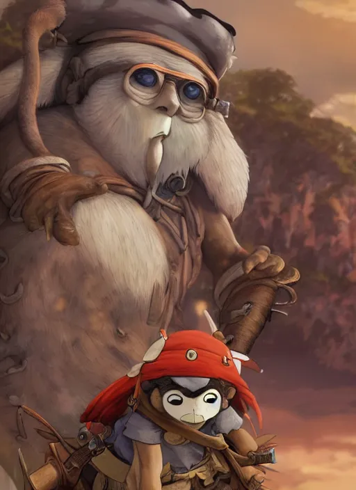 Image similar to studio ghibli pathfinder 2 and illustration of pirate monkey, pirate themed, character portrait, unreal engine, hyper realism, realistic shading, cinematic composition, realistic render, octane render, detailed textures, photorealistic, wide shot