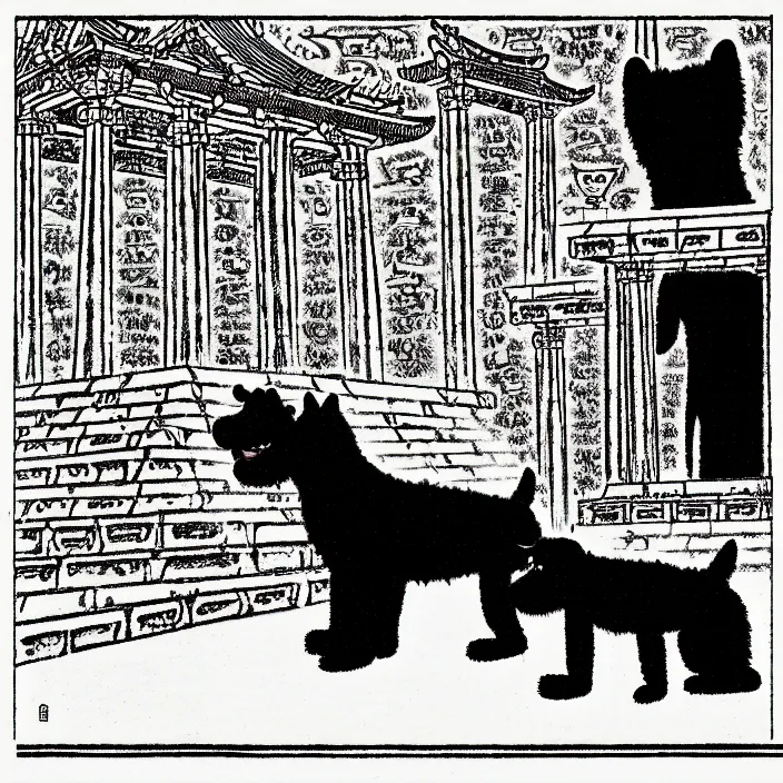 Image similar to a still frame from comic strip, two black furry hairy dogs melting in an ancient temple 1 9 5 0, herluf bidstrup, new yorker illustration, monochrome bw, lineart, manga, tadanori yokoo, simplified,