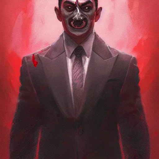 Image similar to portrait of aamir khan upper body in bloody business suit, blood red eyes, vampire fangs, fantasy, intricate, elegant, highly detailed, digital painting, artstation, concept art, matte, sharp focus, illustration, art by aenaluck and roberto ferri and greg rutkowski, epic fantasy, digital painting