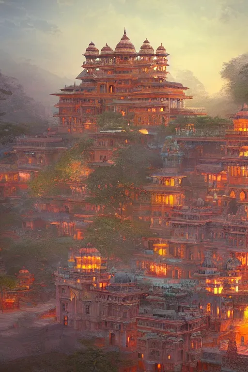 Image similar to old indian city with a breathtaking view of a magnificent maharajah palace at pink dawn, intricate, elegant, volumetric lighting, digital painting, highly detailed, artstation, sharp focus, illustration, concept art, ruan jia, steve mccurry