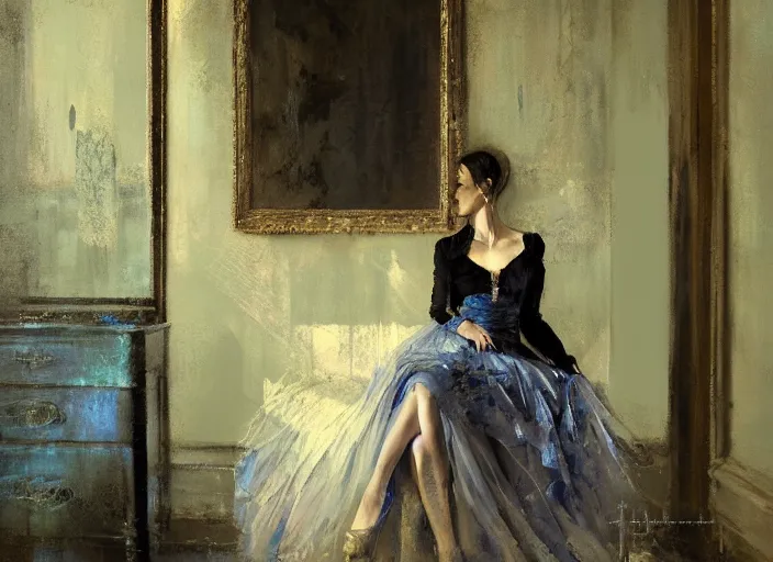 Image similar to portrait of woman in dress, detailed, by jeremy mann, gothic mansion room, blue tones, by alexander fedosav, wooden floor, digital artwork, paint, elegant