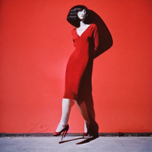 Image similar to photo of a woman in a red dress by arnold newman. professional photography.