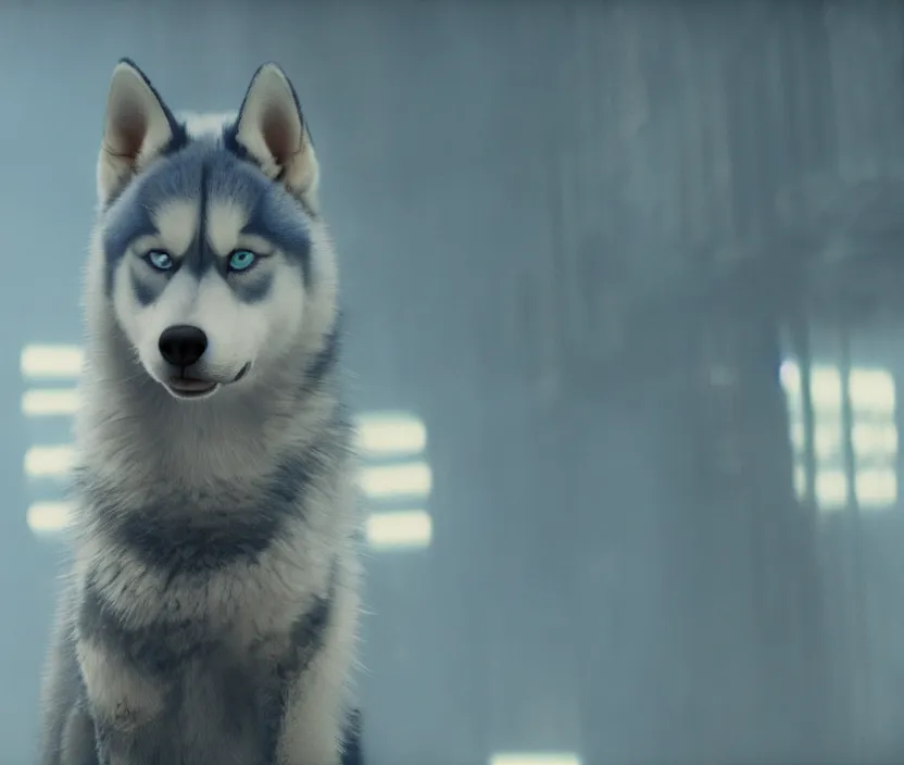 Image similar to blue colored anthro husky furry in Blade Runner: 2049, fursona, anthropomorphic, furry fandom, film still