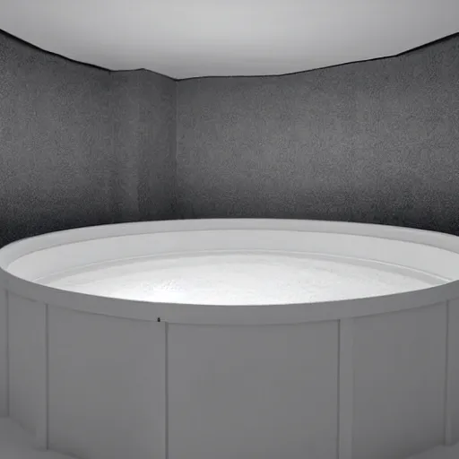 Image similar to an underground pool in an all white room with a low rounded textured ceiling, surreal, liminal, dreamlike, photo, dark, dim lighting