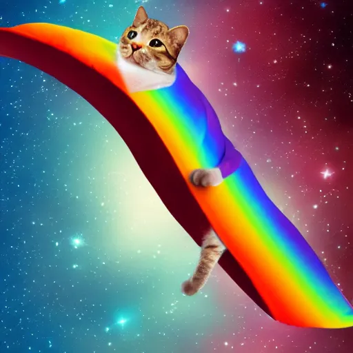 Prompt: cat with a pop tart body flying though space on a rainbow bridge