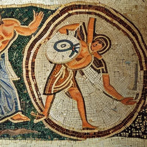Image similar to an ancient roman mosaic of 2 persons throwing a frisbee
