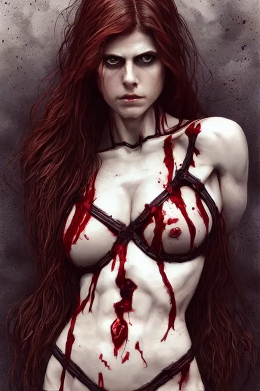 Image similar to woman skeleton body!!, black bones!!, covered with blood, alexandra daddario face!!, long red hair, ultra realistic, concept art, intricate details, highly detailed, photorealistic, octane render, 8 k, unreal engine. retro film still, heavy grain, 3 5 mm, art by artgerm and greg rutkowski and alphonse mucha