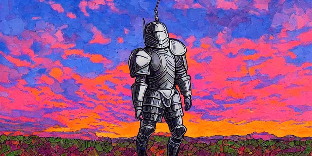 Prompt: a armored knight, wearing modern headphone standing in foreground, oil painting of a cummulonimbus cloud on a pink sunset by erin hanson