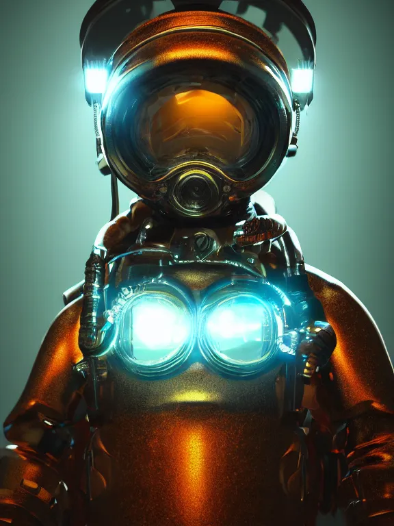 Prompt: portrait art of deep sea diver 8 k ultra realistic, lens flare, atmosphere, glow, detailed, intricate, full of colour, cinematic lighting, trending on artstation, 4 k, hyperrealistic, focused, extreme details, unreal engine 5, cinematic, masterpiece