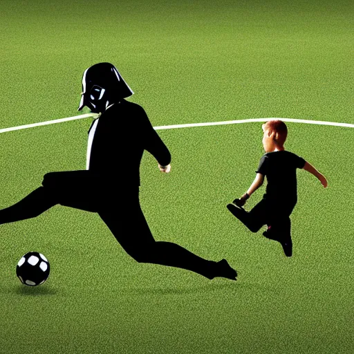 Prompt: a game of soccer with darth vader kicking the ball, highly detailed, extremely high quality, hd, 4 k, 8 k, canon 3 0 0 mm, professional photographer, 4 0 mp, lifelike, top - rated, award winning, realistic, detailed lighting, detailed shadows, sharp, no blur, edited, corrected, trending