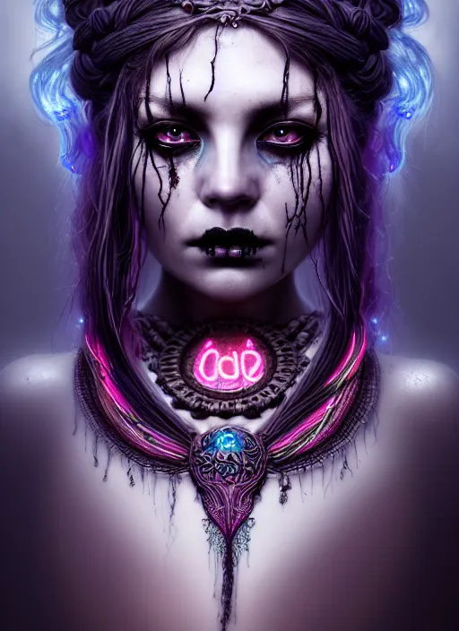 Prompt: goddess of death, braids, decaying face, neon hair, surrealism, intricate led jewellery, digital painting, realism, extreme detail, cinematic lighting, trending on artstation, by hans zatzka and jibaro