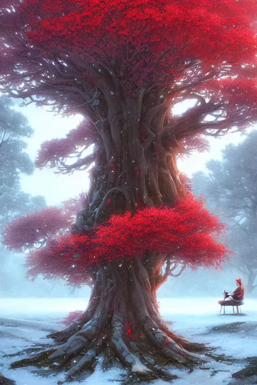 Image similar to giant tree in snow with red flowers, leaves falling, warrior sitting under the tree, unreal engine, fantasy art by greg rutkowski, loish, rhads, ferdinand knab, makoto shinkai and lois van baarle, ilya kuvshinov, rossdraws, tom bagshaw, global illumination, radiant light, detailed and intricate environment