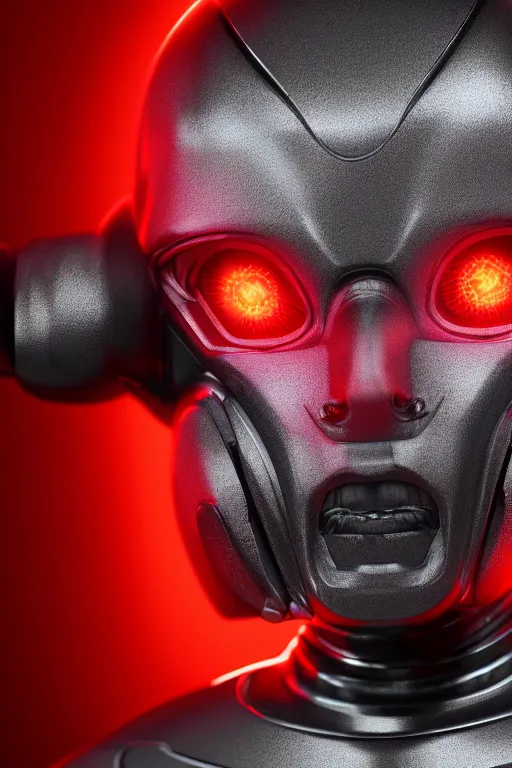 Prompt: closeup shot of a carbon black cyborg, macro shot, dof, cinematic, volumetric lighting, studio shot, octane render, red light, 4 k