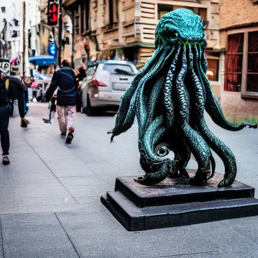 Image similar to photo of a man walk a cthulhu on the street, 8 k