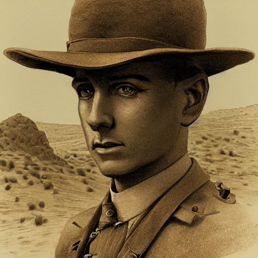 Image similar to a detailed photorealistic sepia - toned color portrait photo of a 1 9 1 7 worried clean - shaven british lieutenant in detailed field gear not wearing a hat in wadi rum, ultra realistic, painted, intricate details, lovecraft, atmospheric, dark, horror, brooding, highly detailed, by clyde caldwell