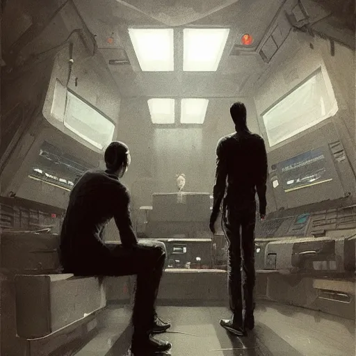 Image similar to concept art by greg rutkowski, a very tall, and slender man with short black hair, sitting with the crew in the ship's control room, brutalist futuristic interior, dark lighting atmosphere, detailed portraits, nostalgic atmosphere, scifi, digital painting, artstation, concept art, smooth, sharp foccus ilustration, artstation hq