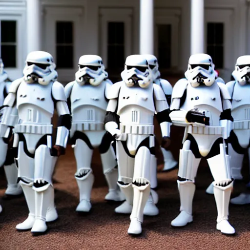 Image similar to Obama leading an Army of Stormtrooper to attack the White house, Obama has a red lightsaber in his right hand, high field of view, 40nm lens, shallow depth of field, split lighting, 4k,