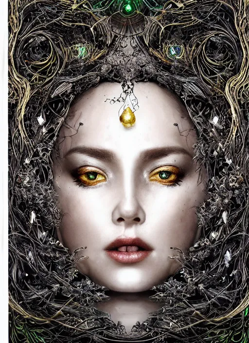 Image similar to glowing silver and golden elements, full close-up portrait, A beautiful dark witch in front of the full big moon, book cover, green forest, red white black colors, establishing shot, extremly high detail, foto realistic, cinematic lighting, pen and ink, intricate line drawings, by Yoshitaka Amano, Ruan Jia, Kentaro Miura, Artgerm, post processed, concept art, artstation, matte painting, style by eddie, raphael lacoste, alex ross